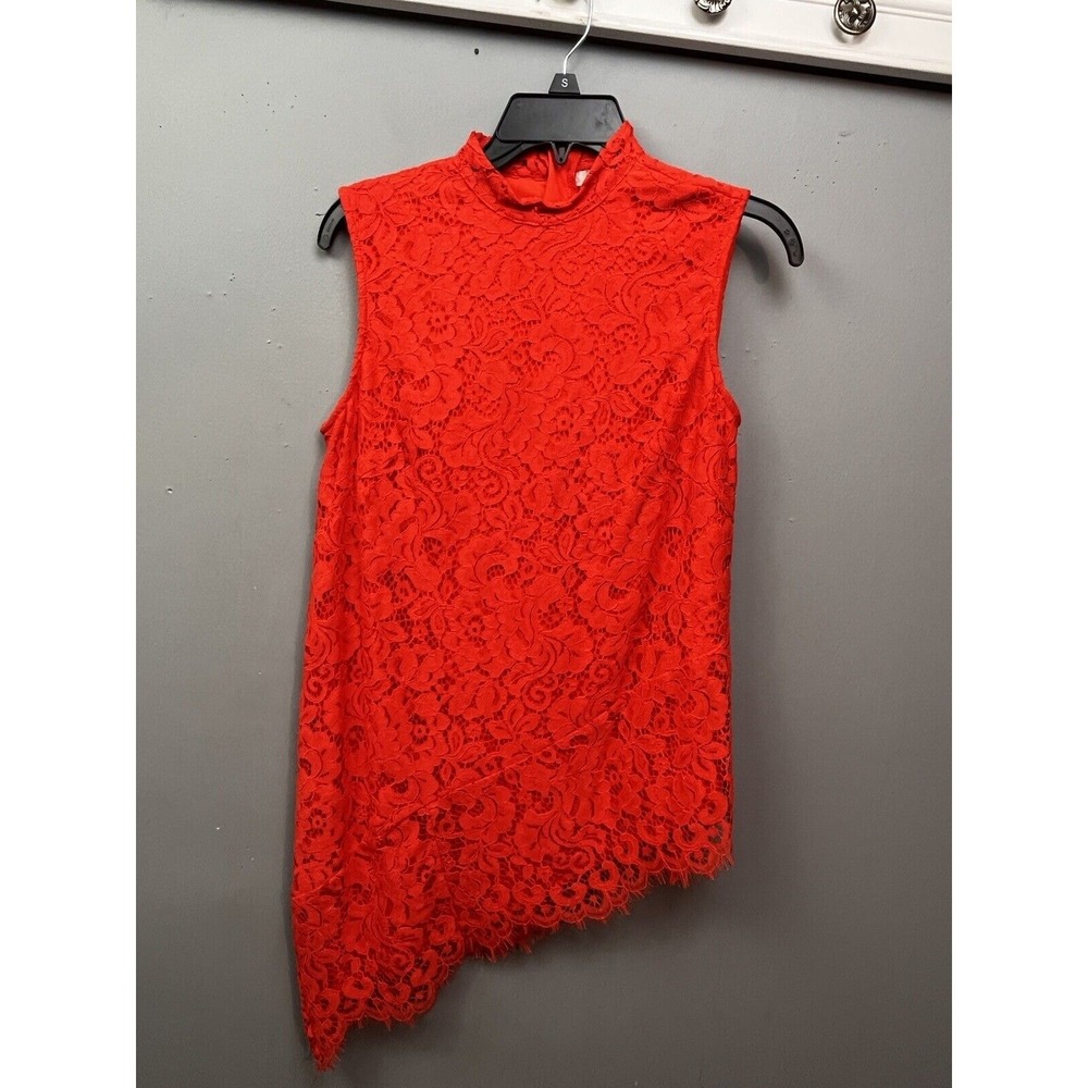 Lynn Ryan Blouse Womens Small Orange/Red Mock Asymmetrical Lace Sleeveless Top